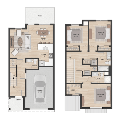 Floor plan for 3 beds, 2.5 baths, 1450 sqft